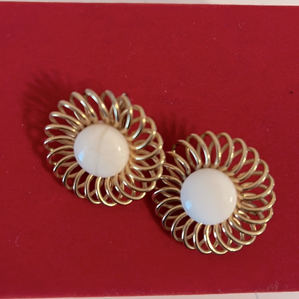 Vintage Emmons Clip Earrings Swirl Gold Tone White Cabochon Center
